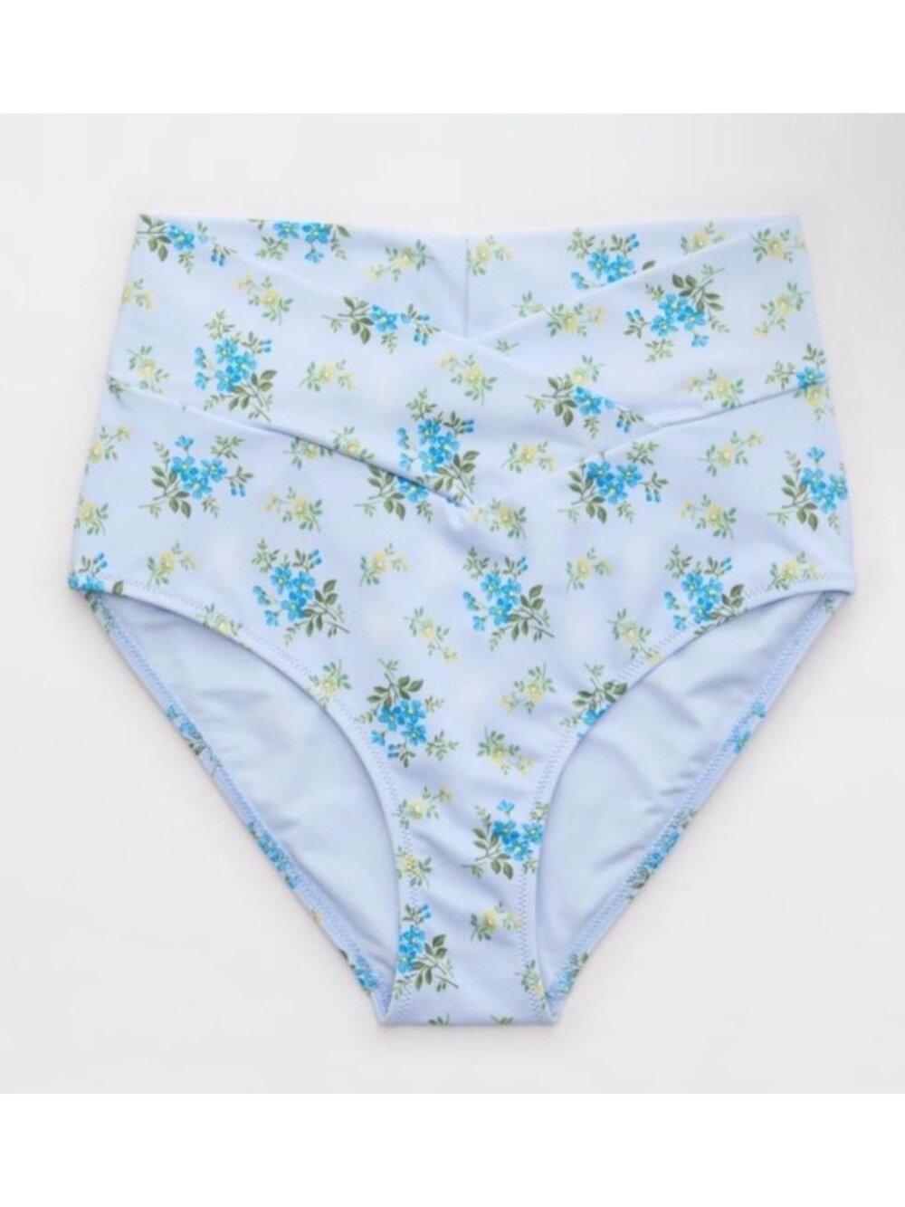 AERIE High Waist Full Coverage Bikini Bottoms Sz M Light Blue Floral Crossover